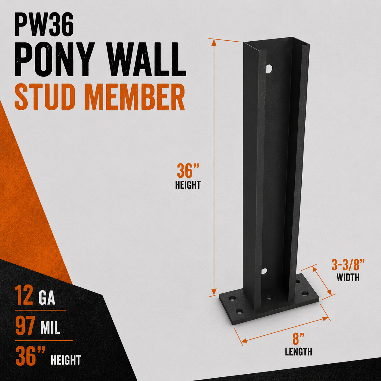 12ga. 97mil 36 in. PW36 Pony Wall Stud Member