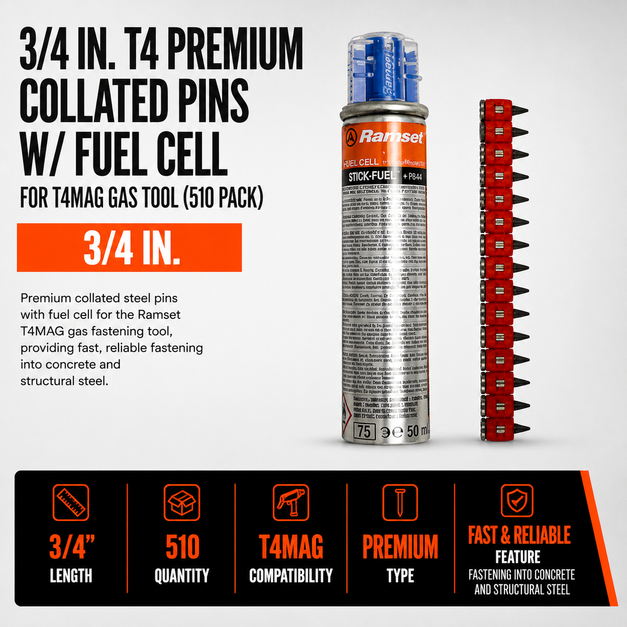 3/4 in. T4 Premium Collated Pins w/ Fuel Cell for T4MAG Gas Tool (510 Pack)