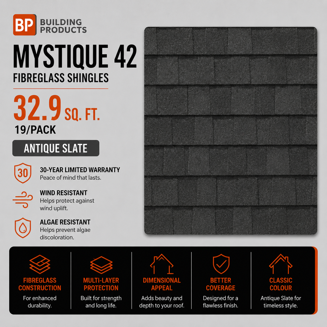 BP Mystique 42 32.9 sq. ft. 19/Pack Antique Slate Fibreglass Shingles