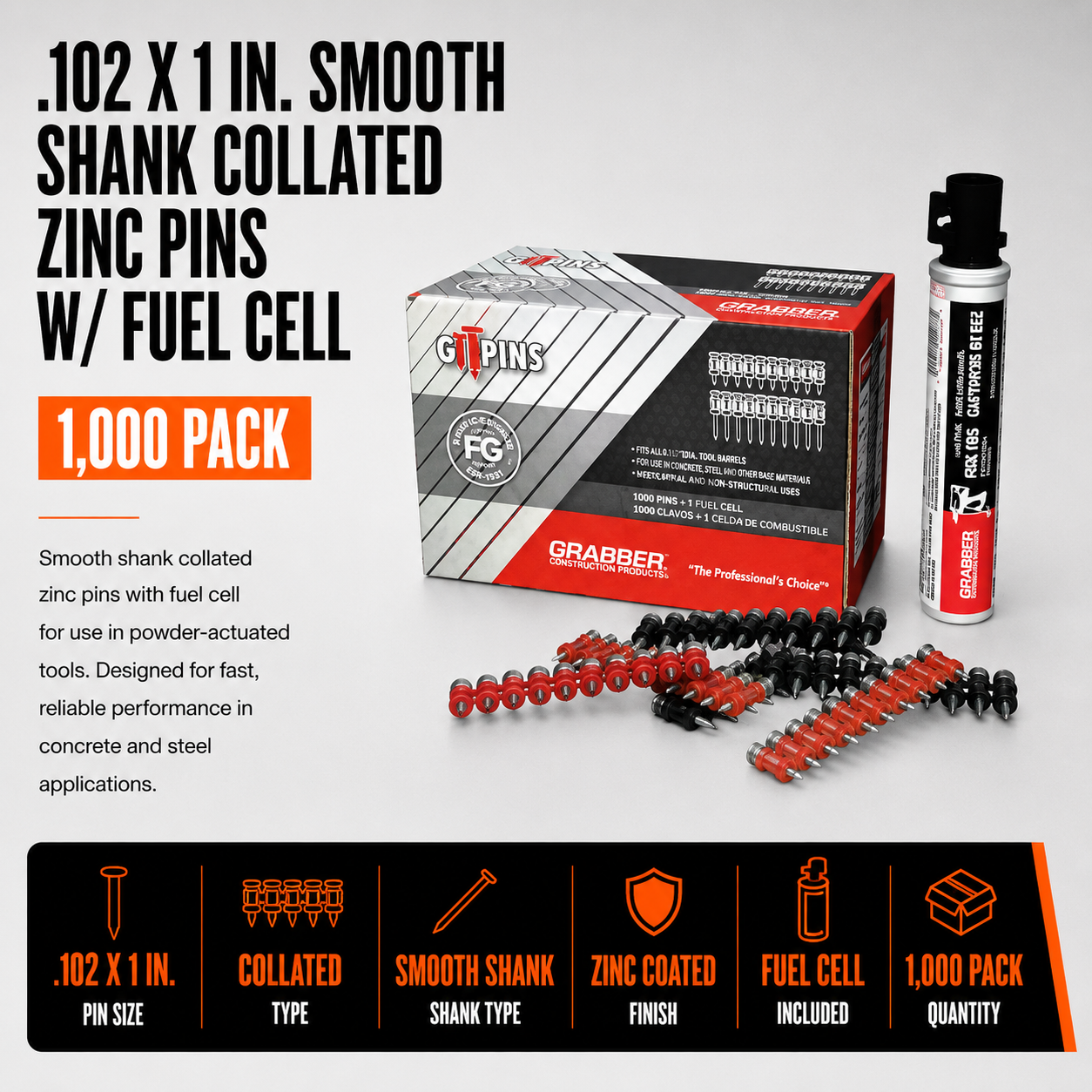 0.102 x 1 in. Smooth Shank Collated Zinc Pins w/ Fuel Cell (1,000 Pack)