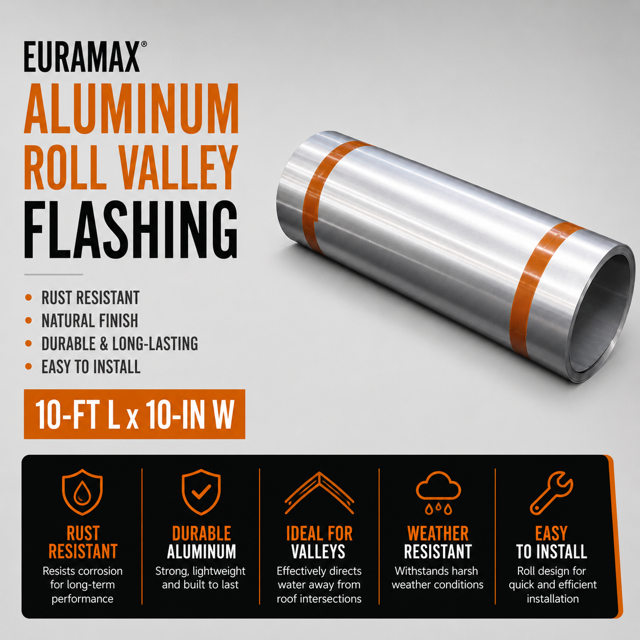 Euramax Aluminum Roll Valley Flashing - Rust Resistant - Natural Finish - 10-ft L x 10-in W