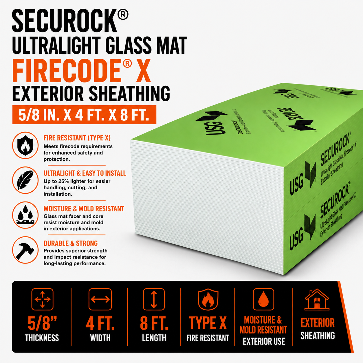 5/8 in. x 4 ft. x 8 ft. Securock® UltraLight Glass Mat Firecode® X Exterior Sheathing