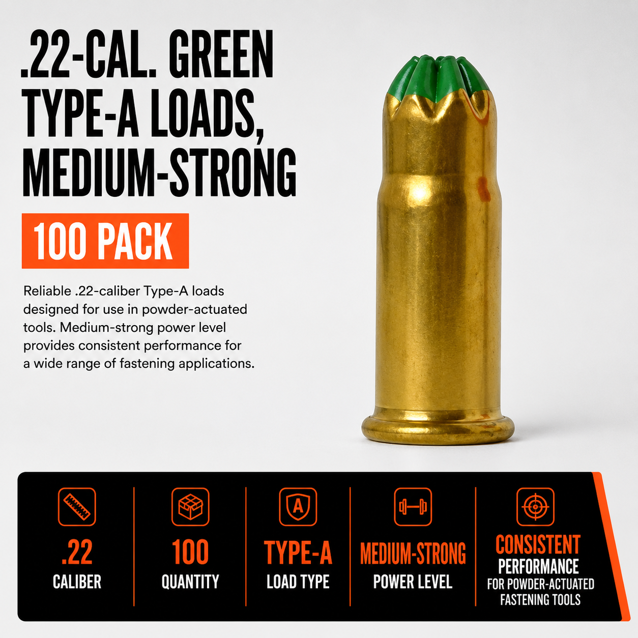 0.22-Cal. Green Type-A Loads, Medium-Strong (100 Pack)