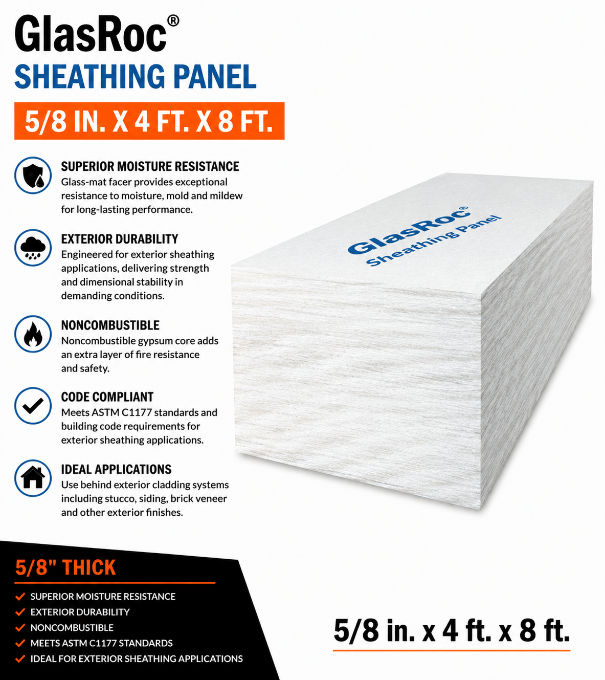 5:8 in. x 4 ft. x 8 ft. GlasRoc® Sheathing Panel