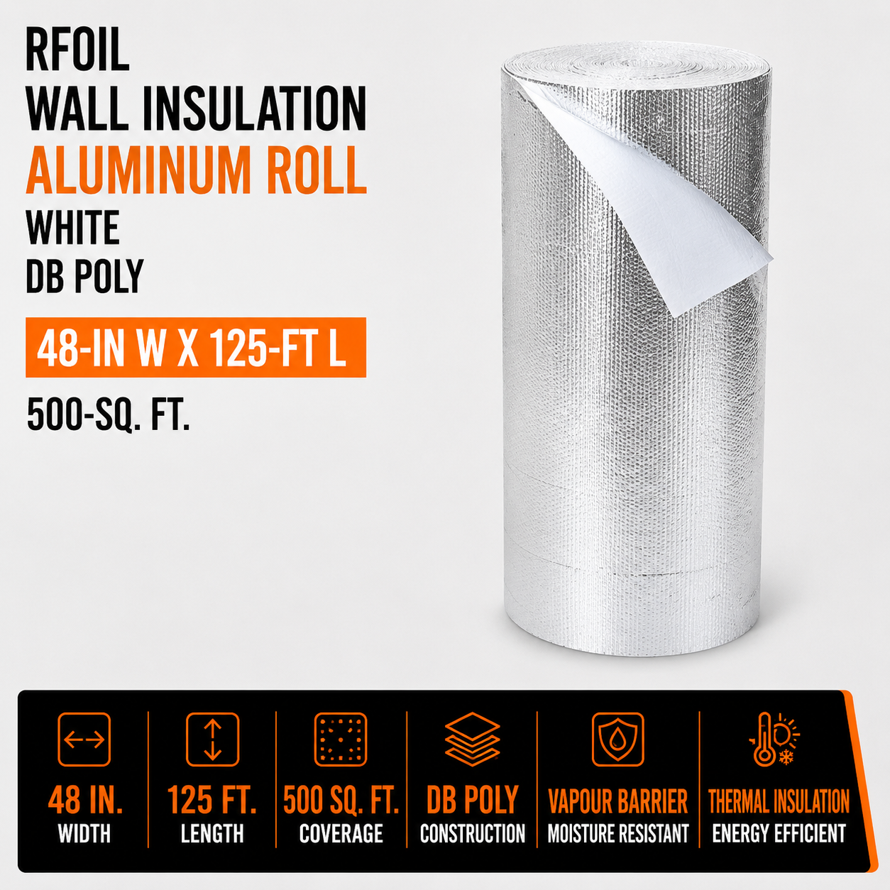 rFoil Wall Insulation Aluminum Roll - White - 48-in W x 125-ft L - DB Poly - 500-sq. ft.