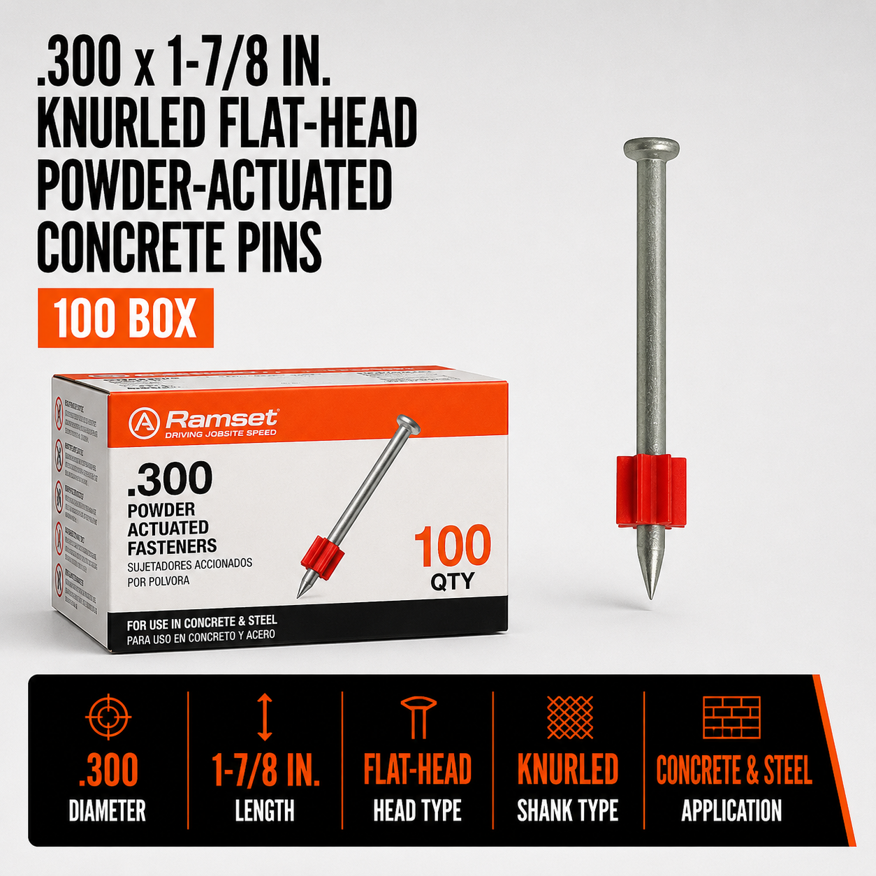 0.300 x 1-7/8 in. Knurled Flat-Head Powder-Actuated Concrete Pins (100 Box)