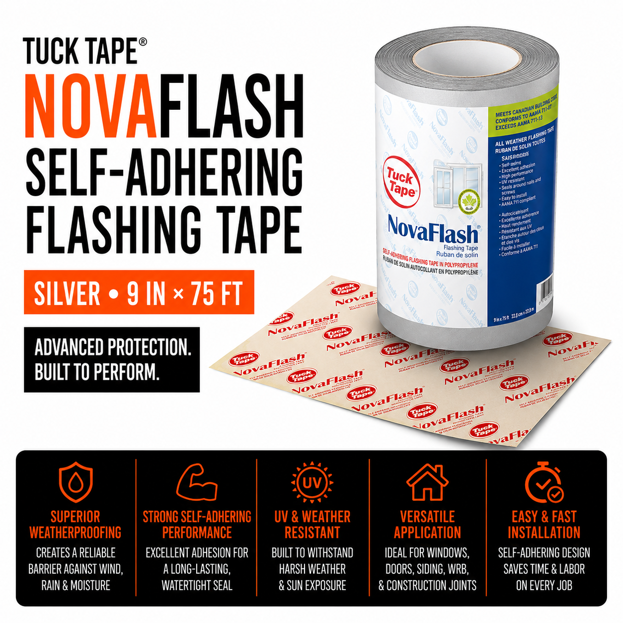 Tuck Tape NovaFlash Self-Adhering Flashing Tape in Polypropylene 9-in x 75-ft - Silver