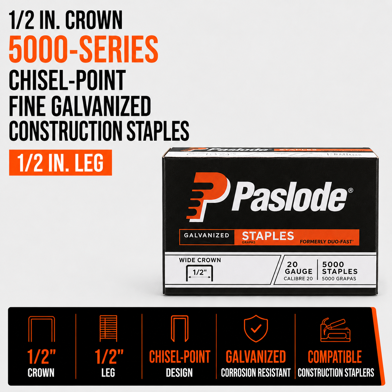 1-2 in. Crown 5000-Series Chisel-Point Fine Galvanized Construction Staples, 1-2 in. Leg