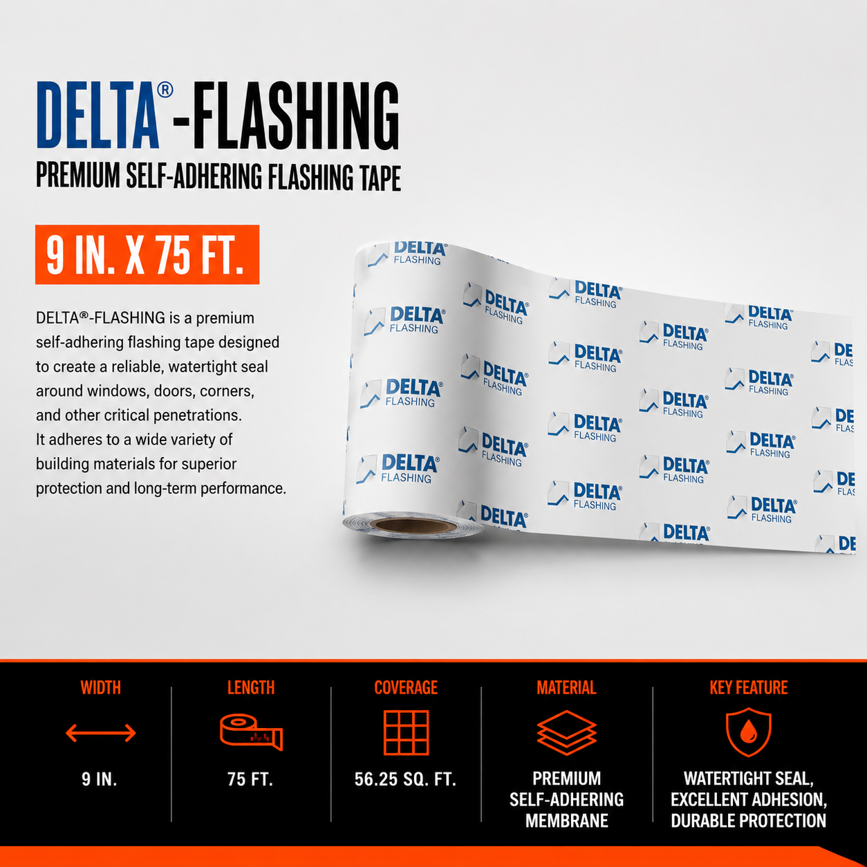 9 in. x 75 ft. DELTA®-FLASHING Premium Self-Adhering Flashing Tape