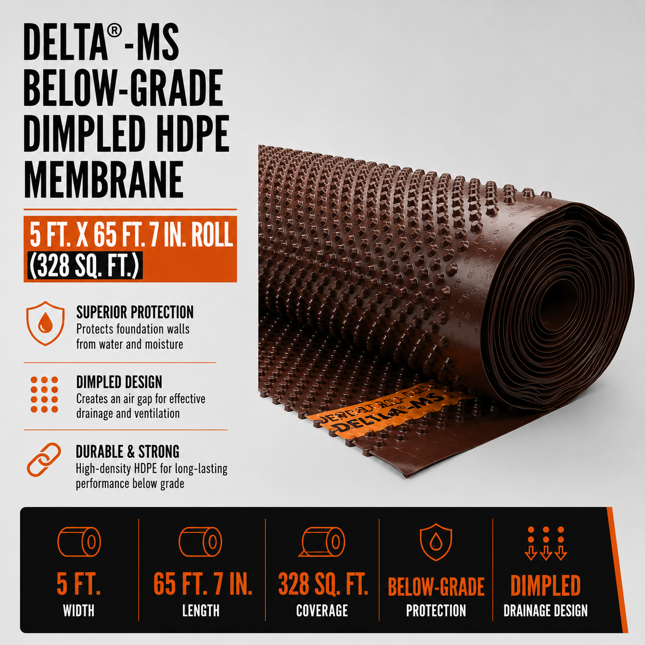 5 ft. x 65 ft. 7 in. Roll DELTA®-MS Below-Grade Dimpled HDPE Membrane (328 sq. ft.)