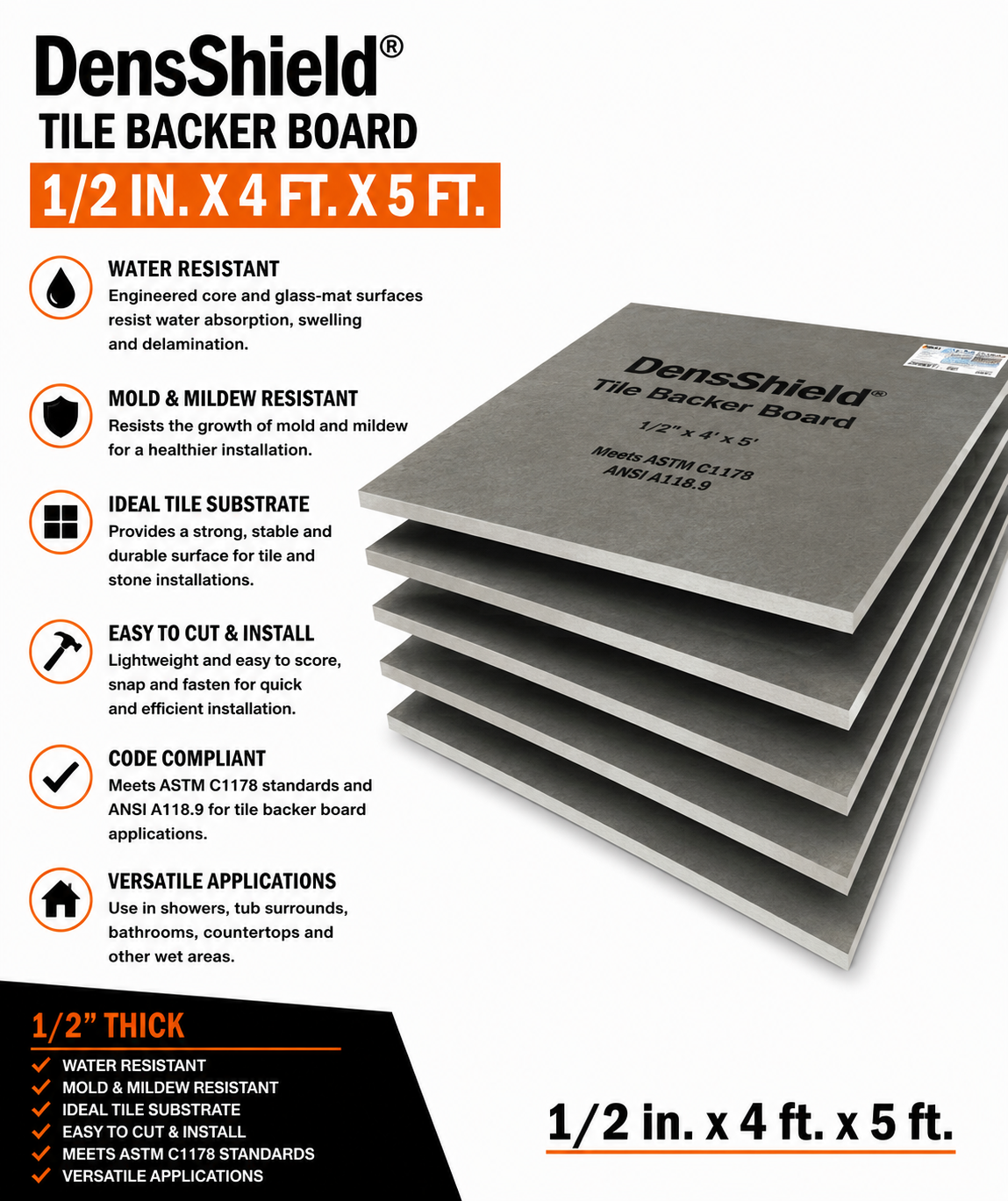 1/2 in. x 4 ft. x 5 ft. DensShield® Tile Backer Board