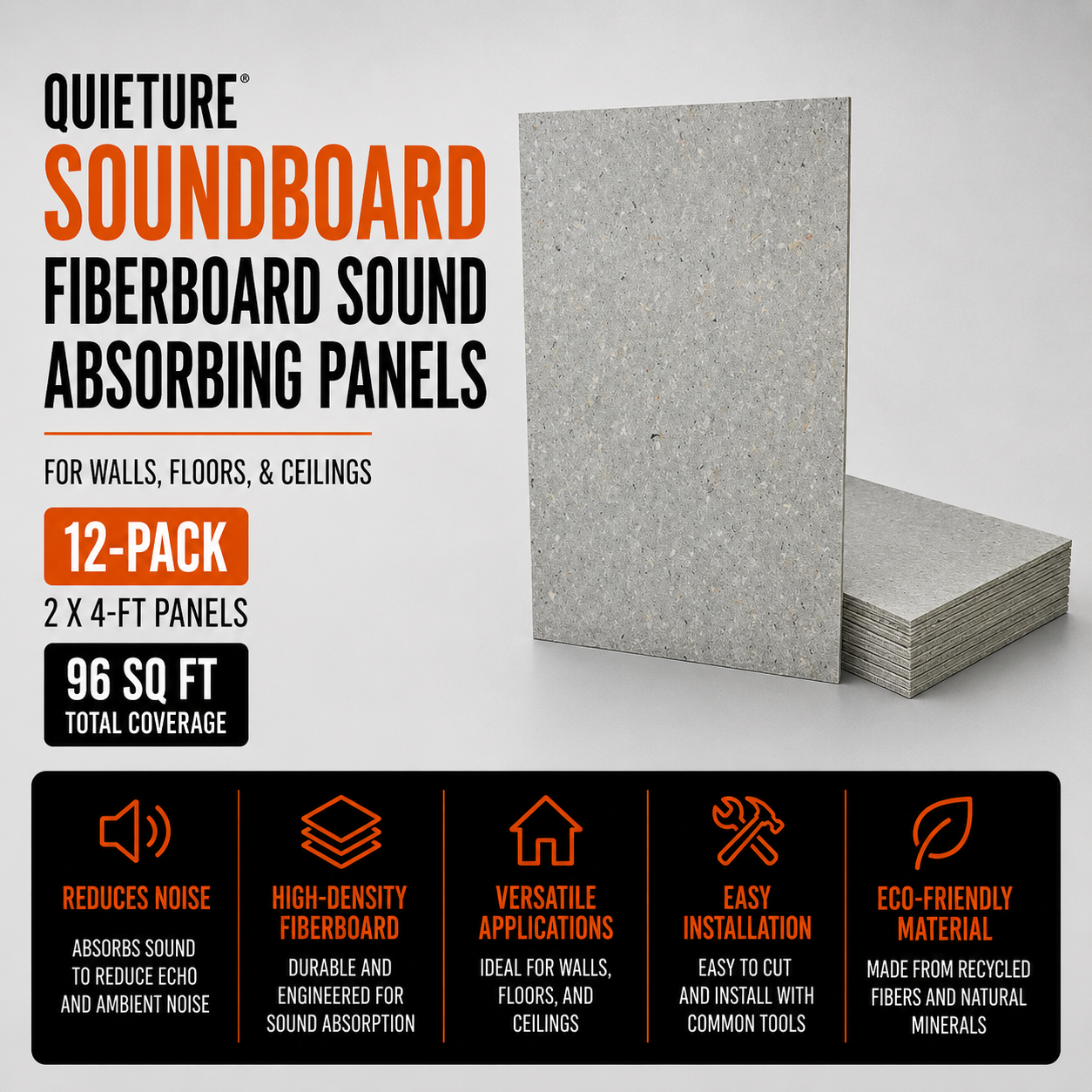 Quieture Soundboard 12-Pack 2 x 4-ft Fiberboard Sound Absorbing Panels for Walls, Floors, and Ceilings (96 sq ft)