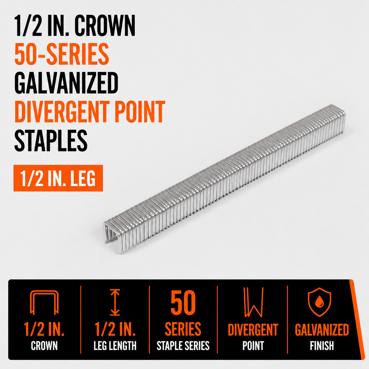 1-2 in. Crown 50-Series Galvanized Divergent Point Staples, 1-2 in. Leg